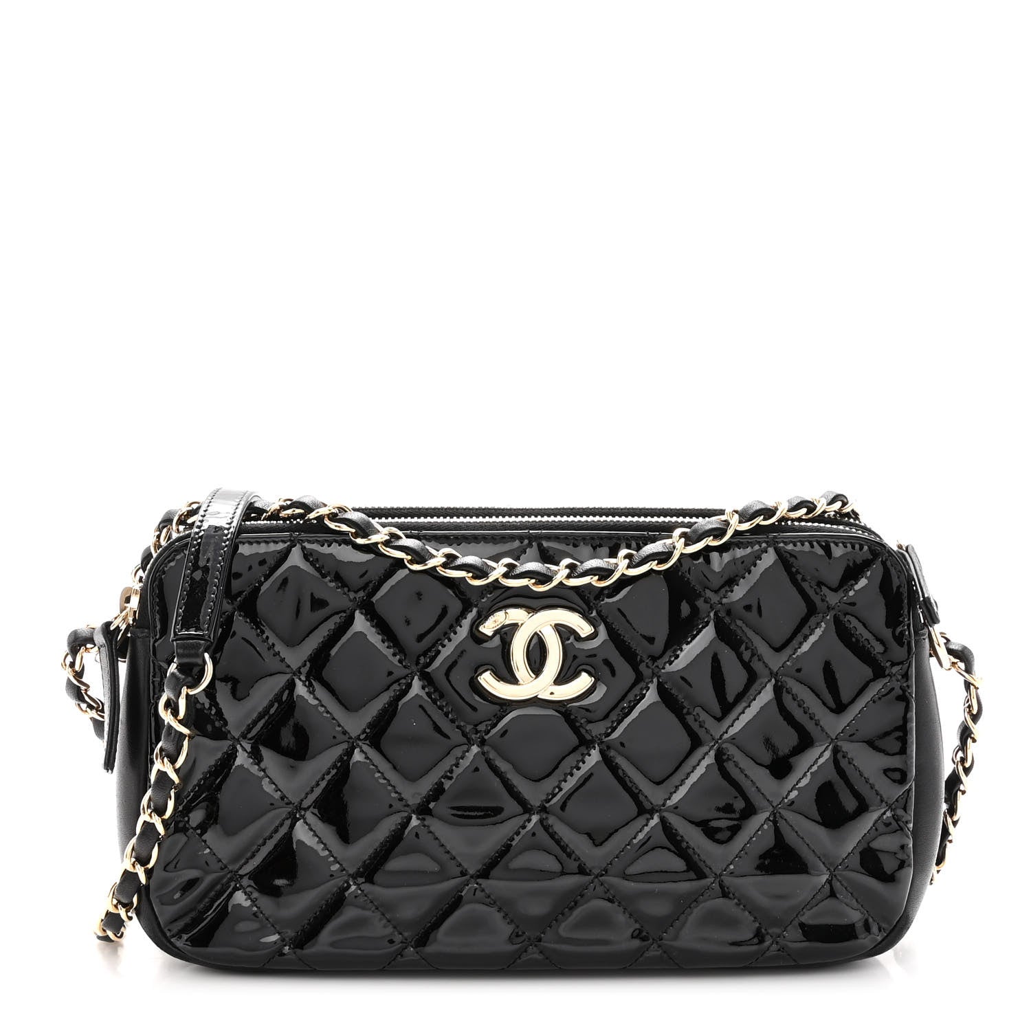 Chanel Patent Quilted Crown CC Double Zip Bag Black 1 of 12