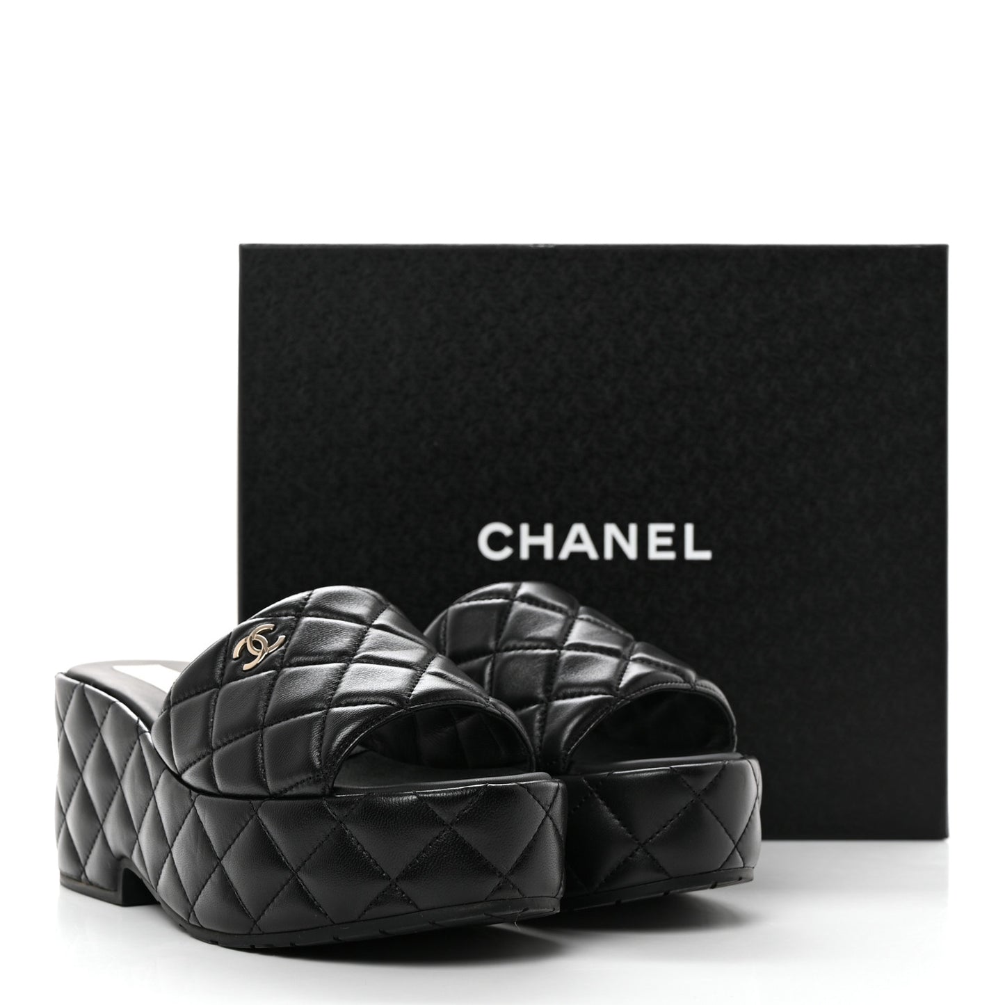 Lambskin Quilted CC Mules Wedge Sandals 39 Black