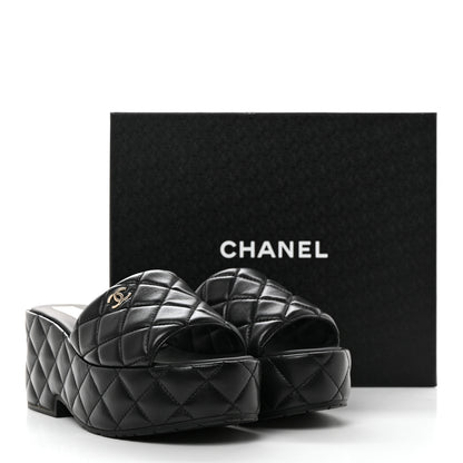 Chanel Lambskin Quilted CC Mules Wedge Sandals 39 Black 9 of 9