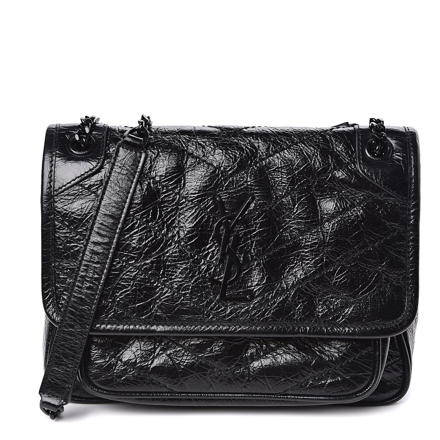 Crinkled Calfskin Matelasse Monogram Baby Niki Chain Satchel Black