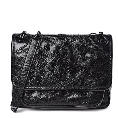 Saint Laurent Crinkled Calfskin Matelasse Monogram Baby Niki Chain Satchel Black 1 of 10