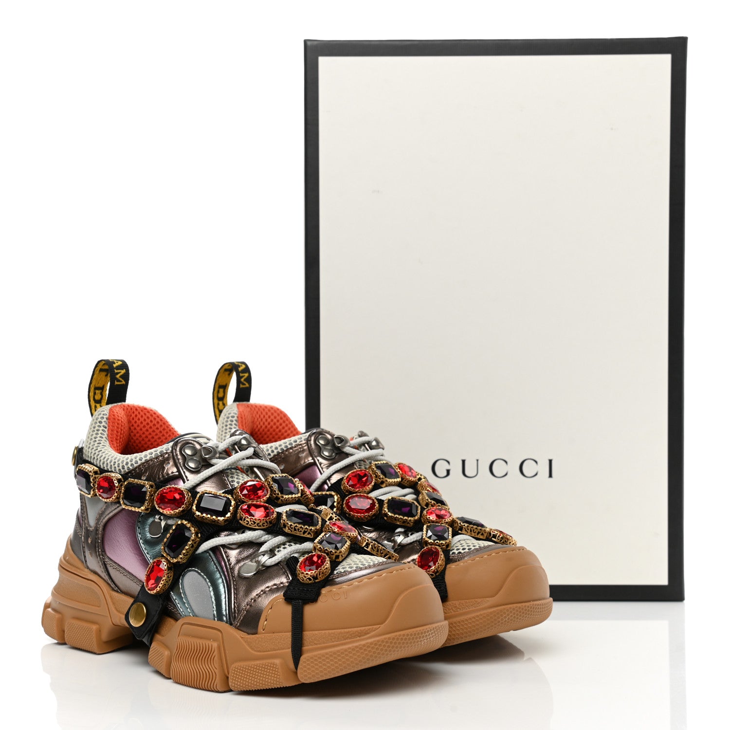 Gucci X SEGA Metallic Calfskin Mesh Removable Crystals Womens Flashtrek Sneakers 36 Rame Mystic White Lago 8 of 8