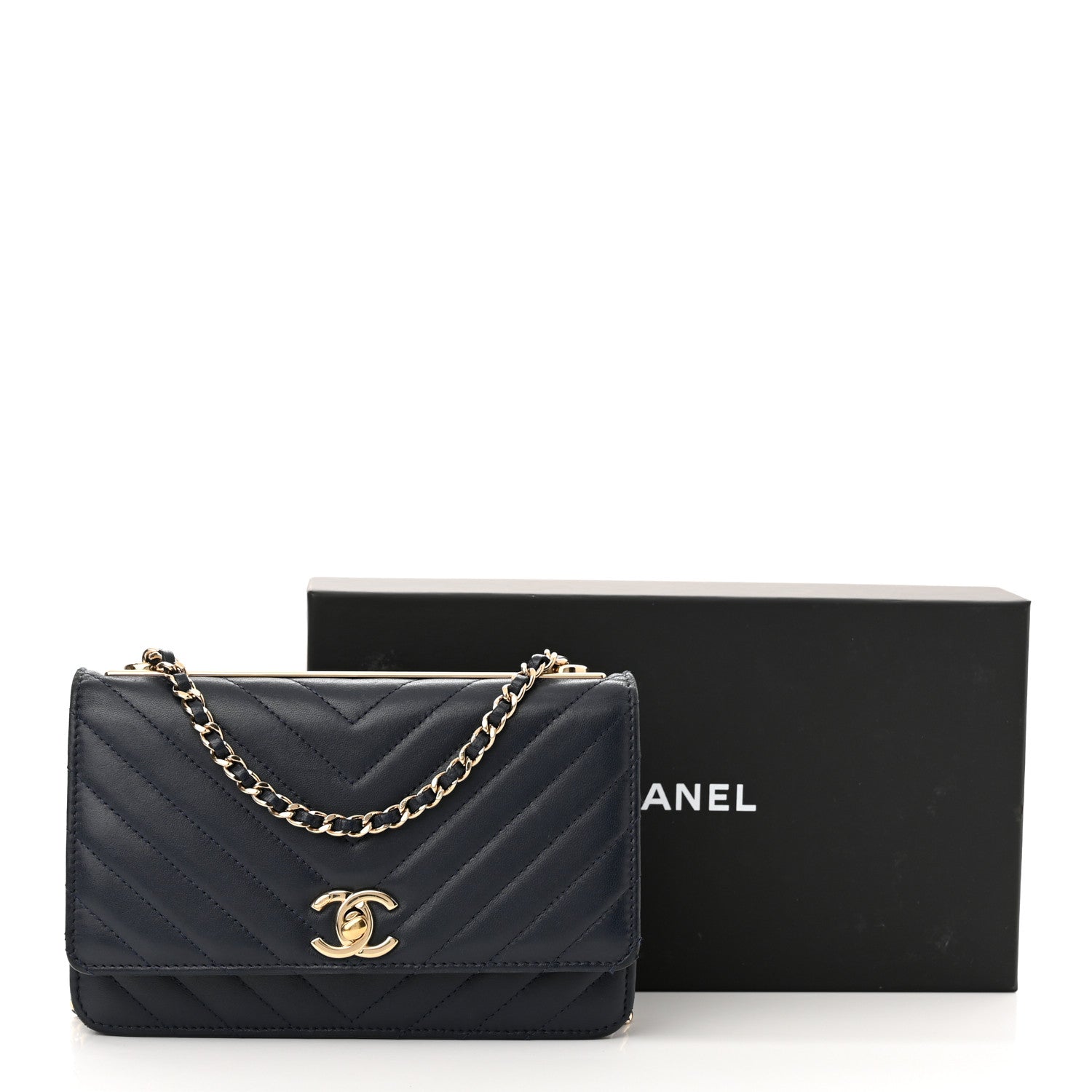 Chanel Lambskin Chevron Quilted Trendy CC Wallet On Chain WOC Dark Blue 13 of 13