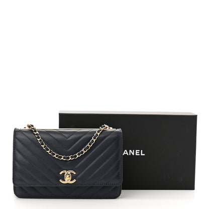 Chanel Lambskin Chevron Quilted Trendy CC Wallet On Chain WOC Dark Blue 13 of 13