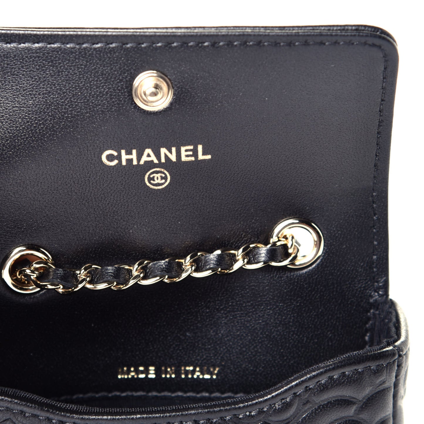 Lambskin Camellia Embossed Chain Belt Bag Black