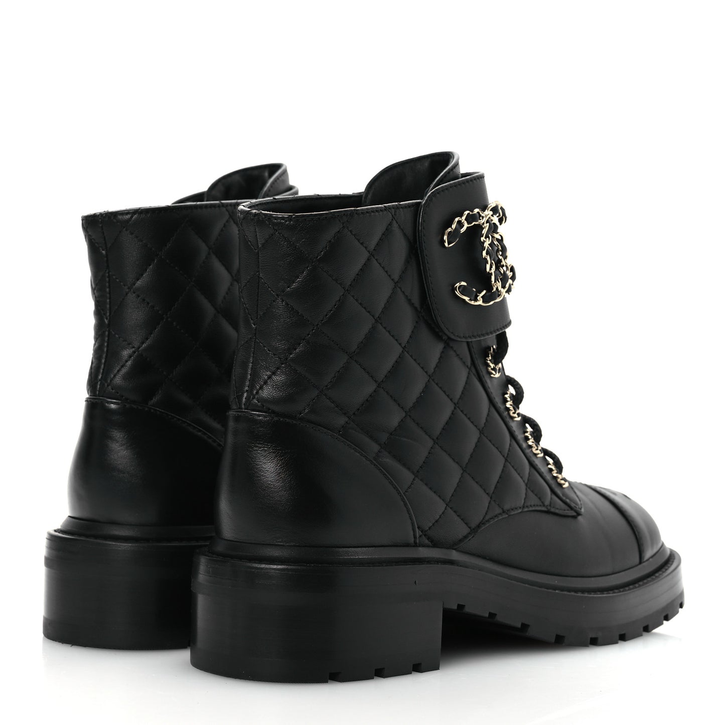 Lambskin Calfskin Quilted Lace Up Combat Boots 38 Black
