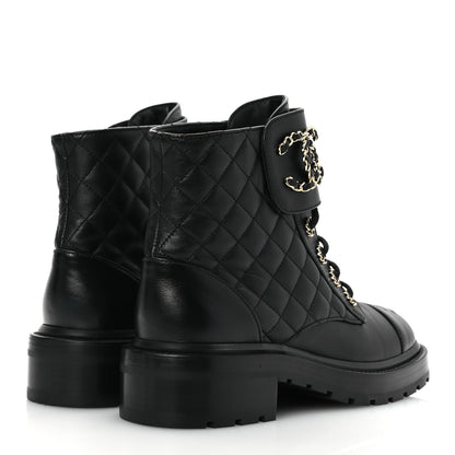 Chanel Lambskin Calfskin Quilted Lace Up Combat Boots 38 Black 5 of 10