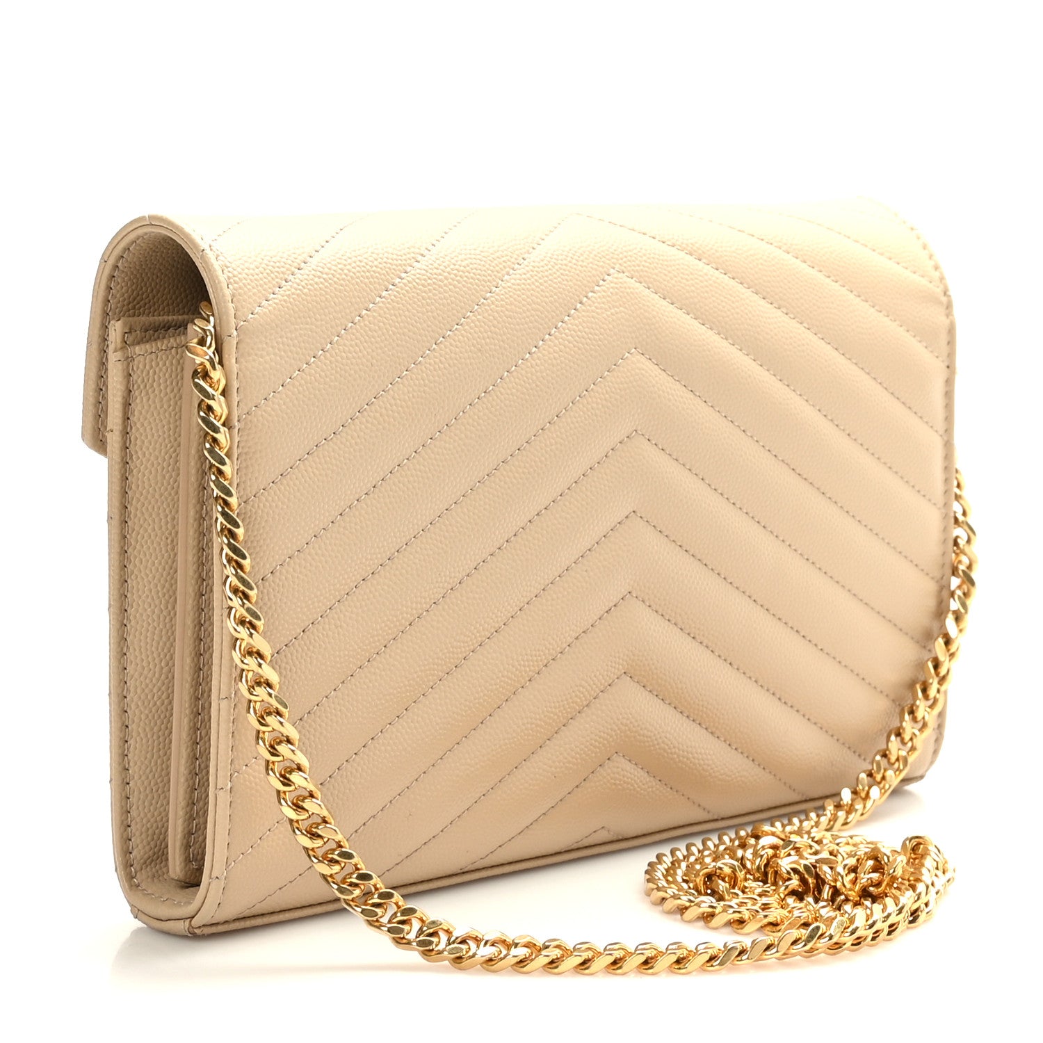 Saint Laurent Grain De Poudre Matelasse Chevron Monogram Chain Wallet Dark Beige 3 of 9