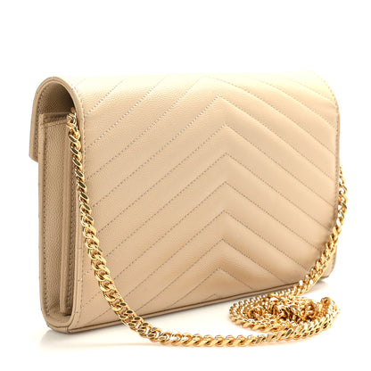 Saint Laurent Grain De Poudre Matelasse Chevron Monogram Chain Wallet Dark Beige 3 of 9