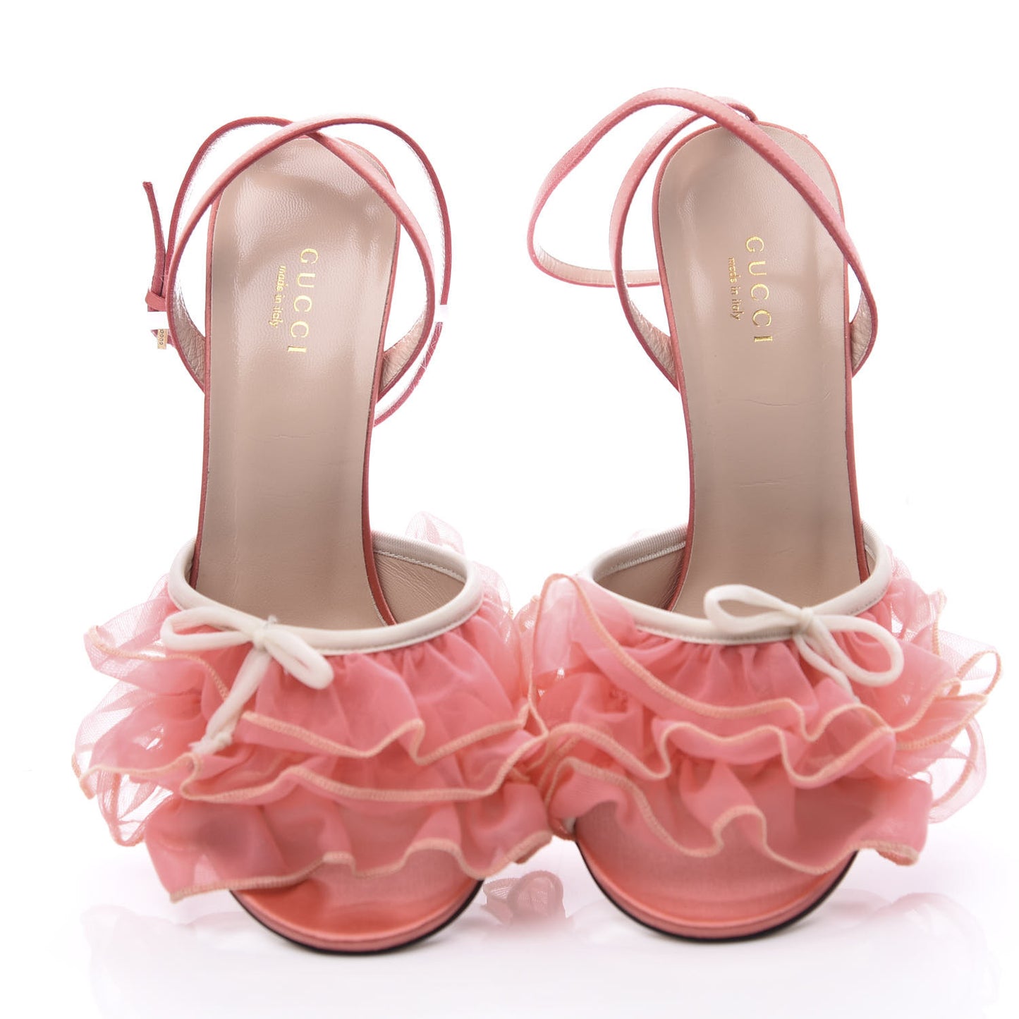 Tulle Ruffle High Heel Slingback Sandals 38 Peach White