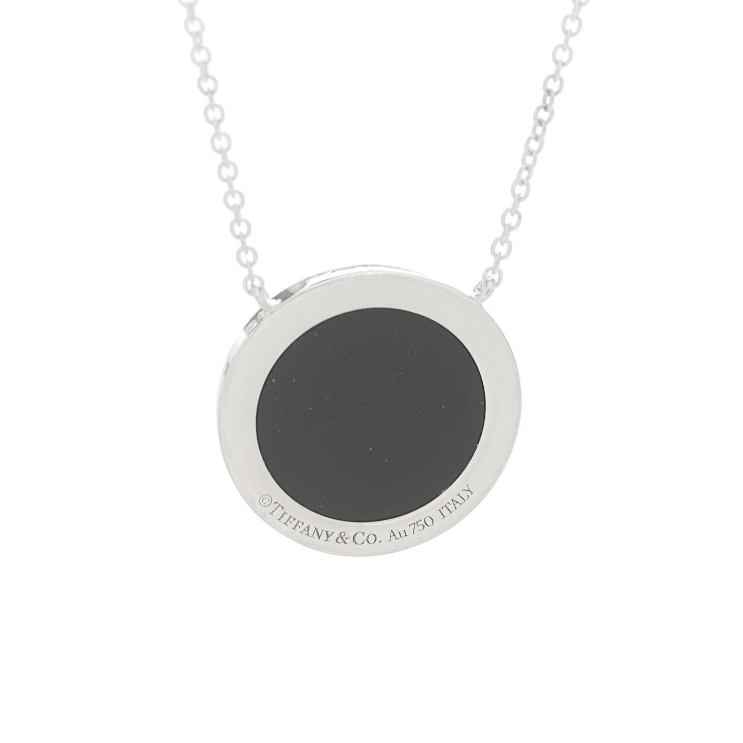 18K White Gold Black Onyx 16mm T Circle Pendant Necklace