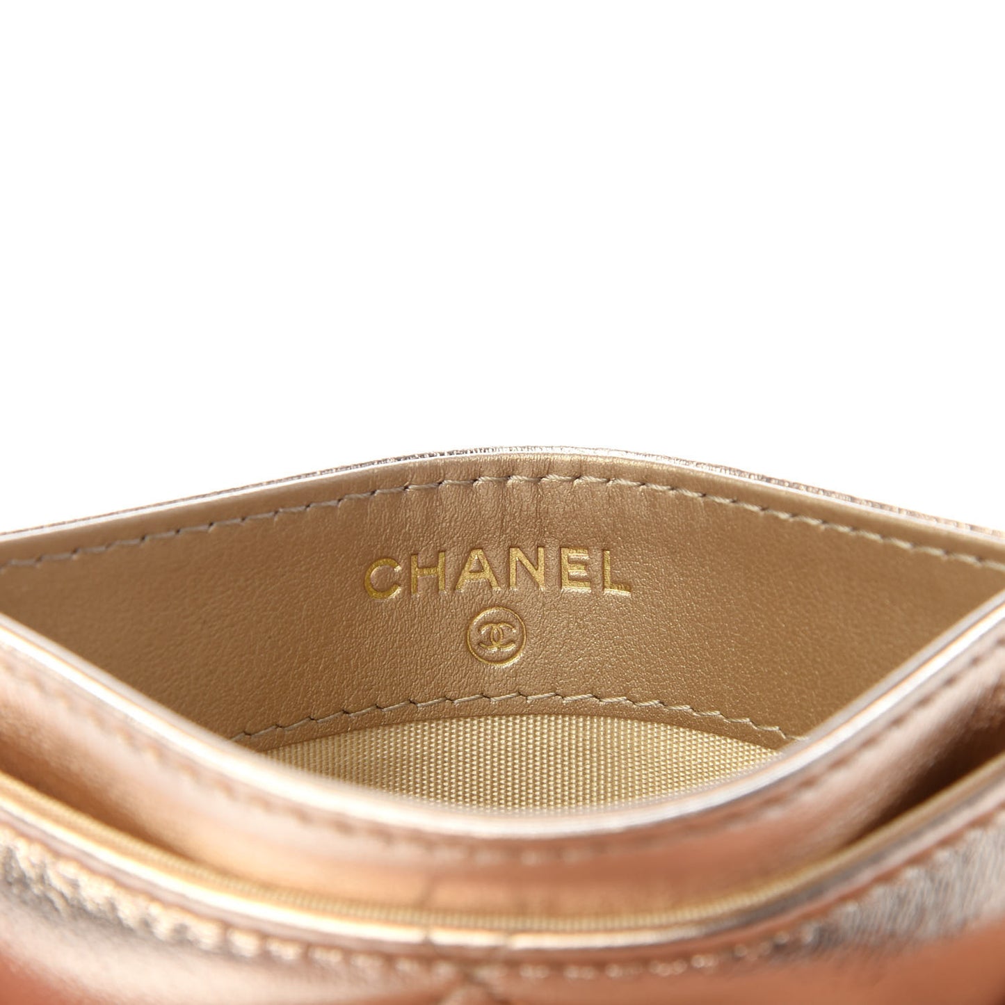 Metallic Goatskin Quilted Chanel 19 Card Holder Gold