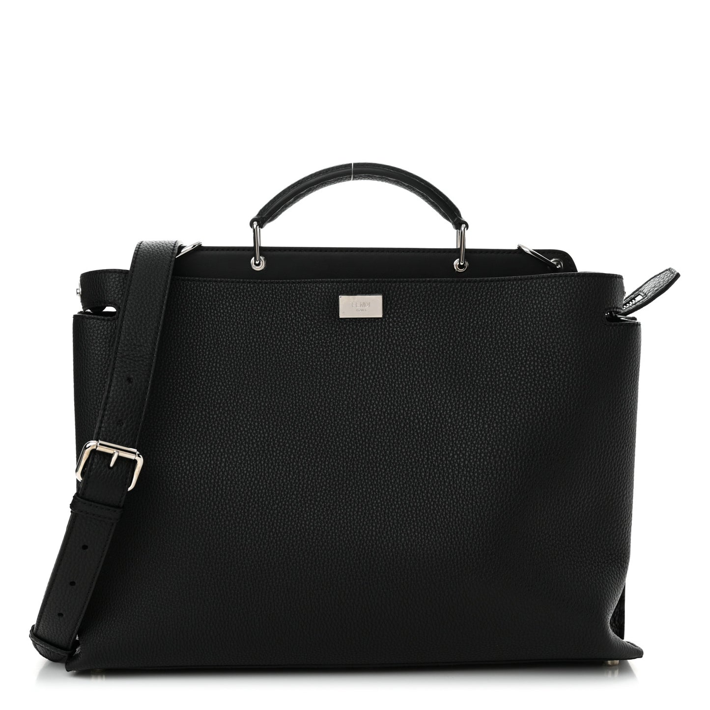 Cuoio Romano Selleria Vitello Grace Glazed Fabric FF 1974 Large Peekaboo Iconic Essential Satchel Black