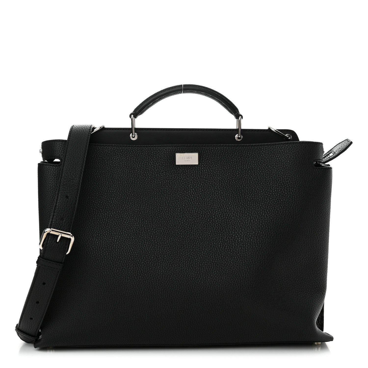 Fendi Cuoio Romano Selleria Vitello Grace Glazed Fabric FF 1974 Large Peekaboo Iconic Essential Satchel Black 1 of 10
