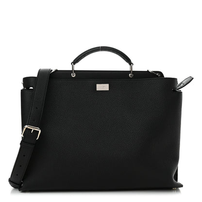 Fendi Cuoio Romano Selleria Vitello Grace Glazed Fabric FF 1974 Large Peekaboo Iconic Essential Satchel Black 1 of 10