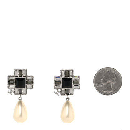 Chanel Crystal Baguette Pearl Cross Drop Earrings Grey Black Silver 2 of 5