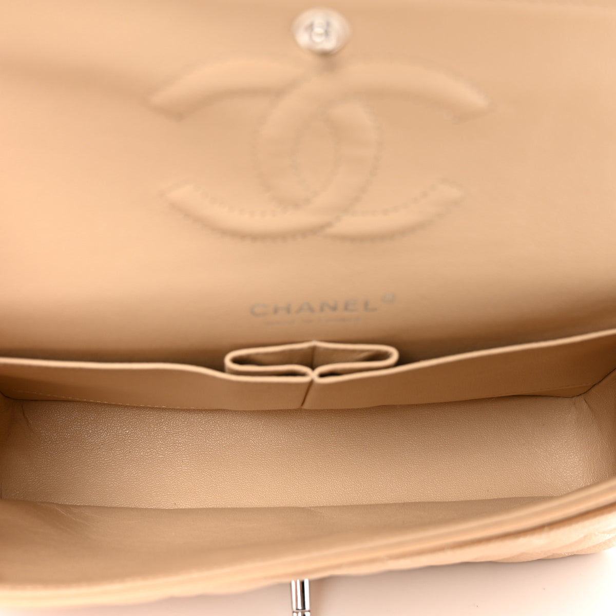 Caviar Quilted Medium Double Flap Beige