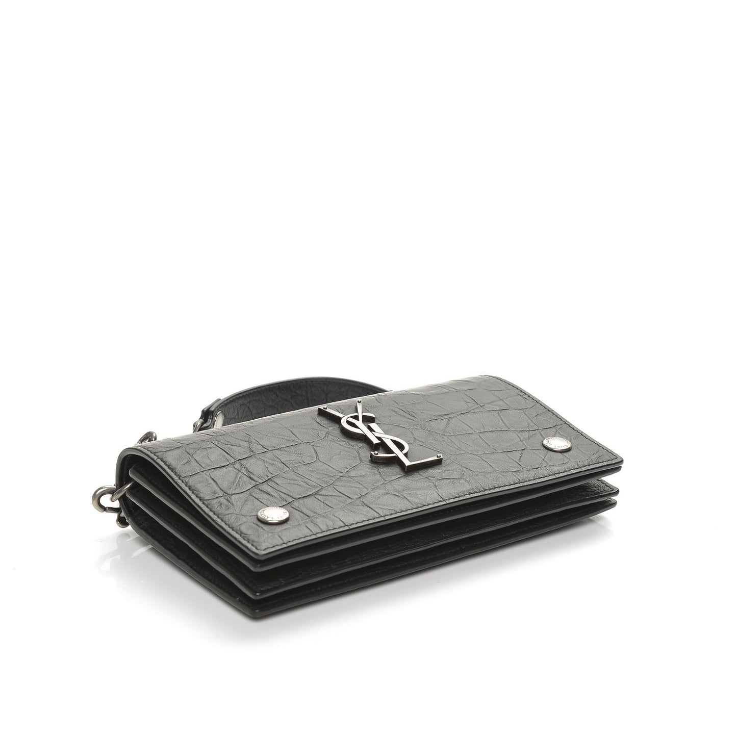 Calfskin Crocodile Embossed Monogram Chain Wallet Black