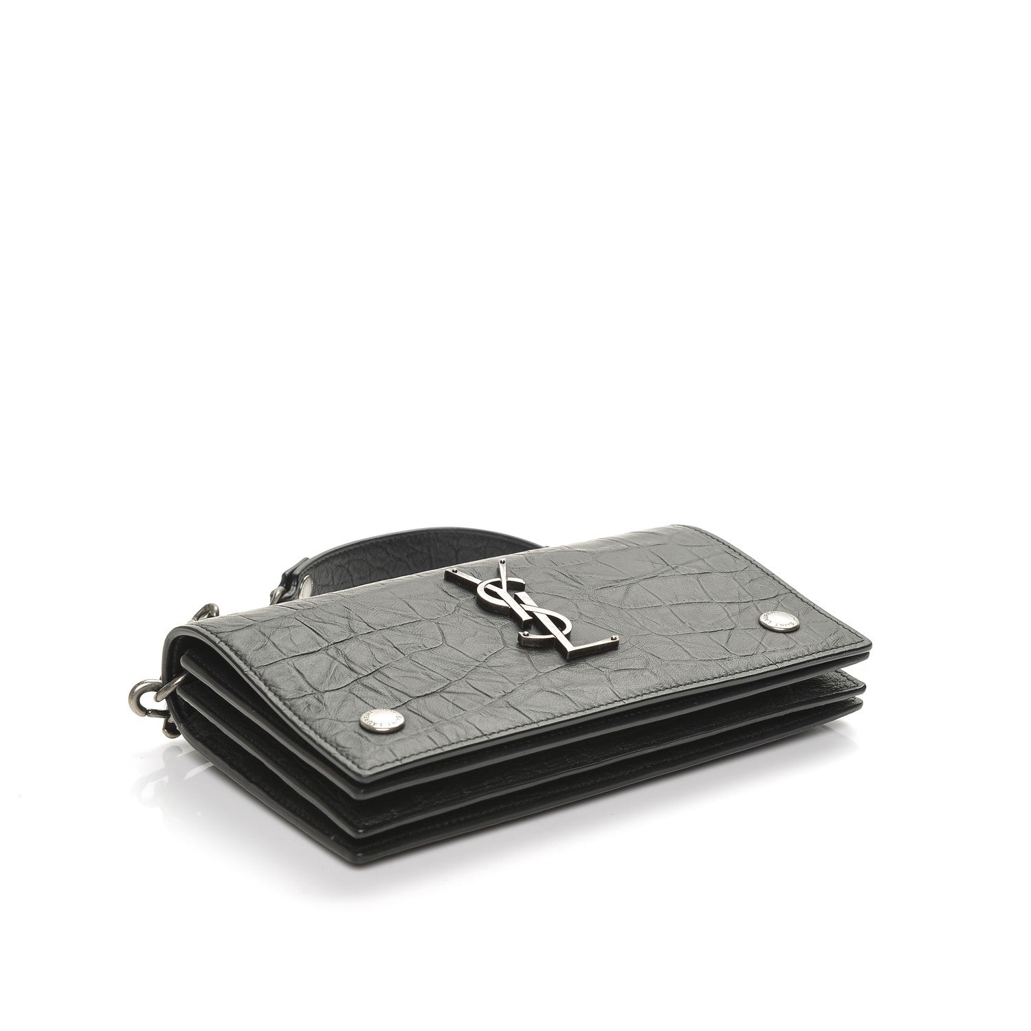 Saint Laurent Calfskin Crocodile Embossed Monogram Chain Wallet Black 4 of 6