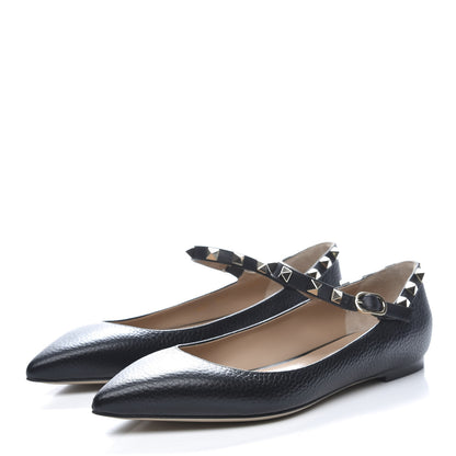 Valentino Garavani Pebbled Calfskin Rockstud Ankle Strap Ballerina Flats 37.5 Black 3 of 10