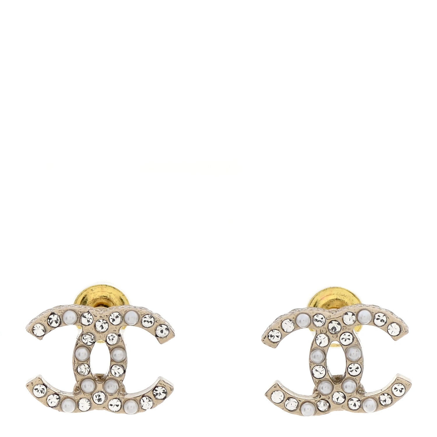 Chanel Pearl Crystal CC Charms Stud Earrings Light Gold 1 of 5