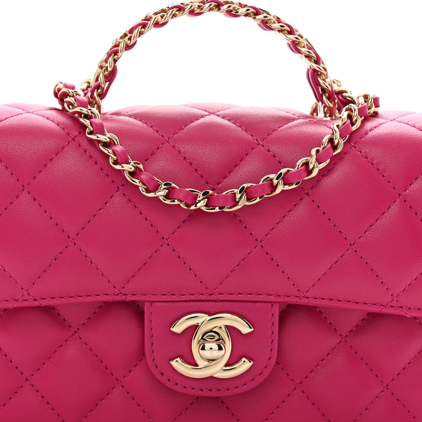 Lambskin Quilted Mini Crystal Top Handle Rectangular Flap Dark Pink