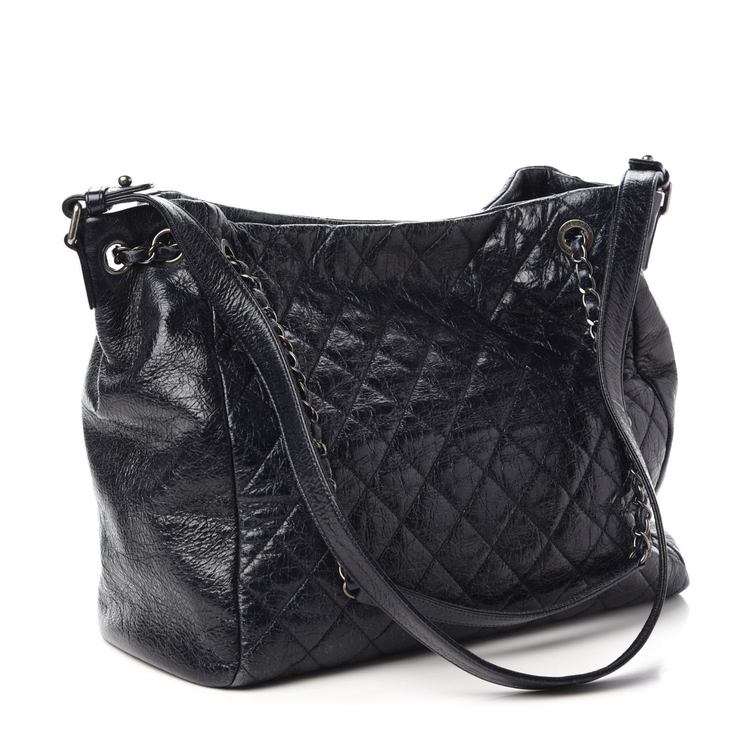 Glazed Calfskin Quilted Large Tote Black