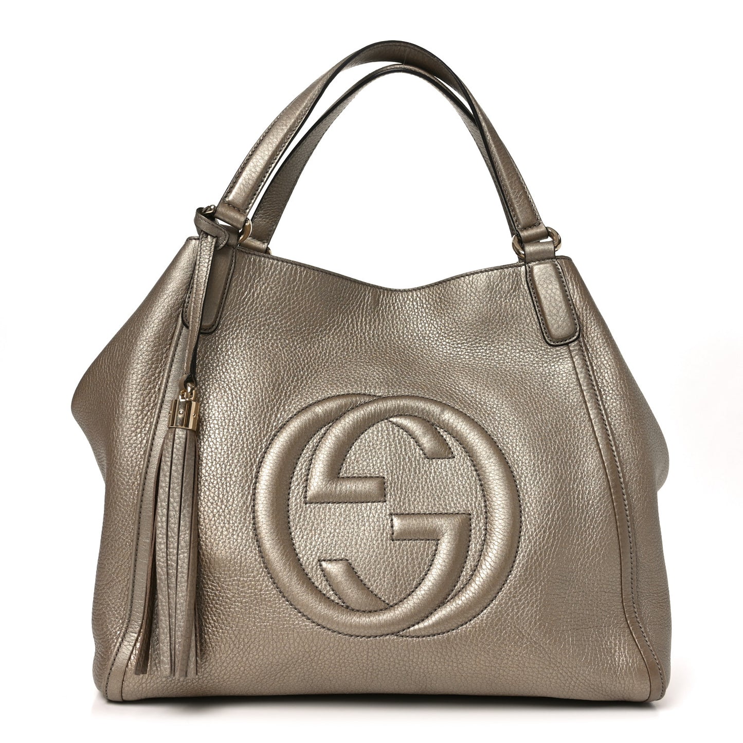 Metallic Pebbled Calfskin Medium Soho Shoulder Bag Golden Beige
