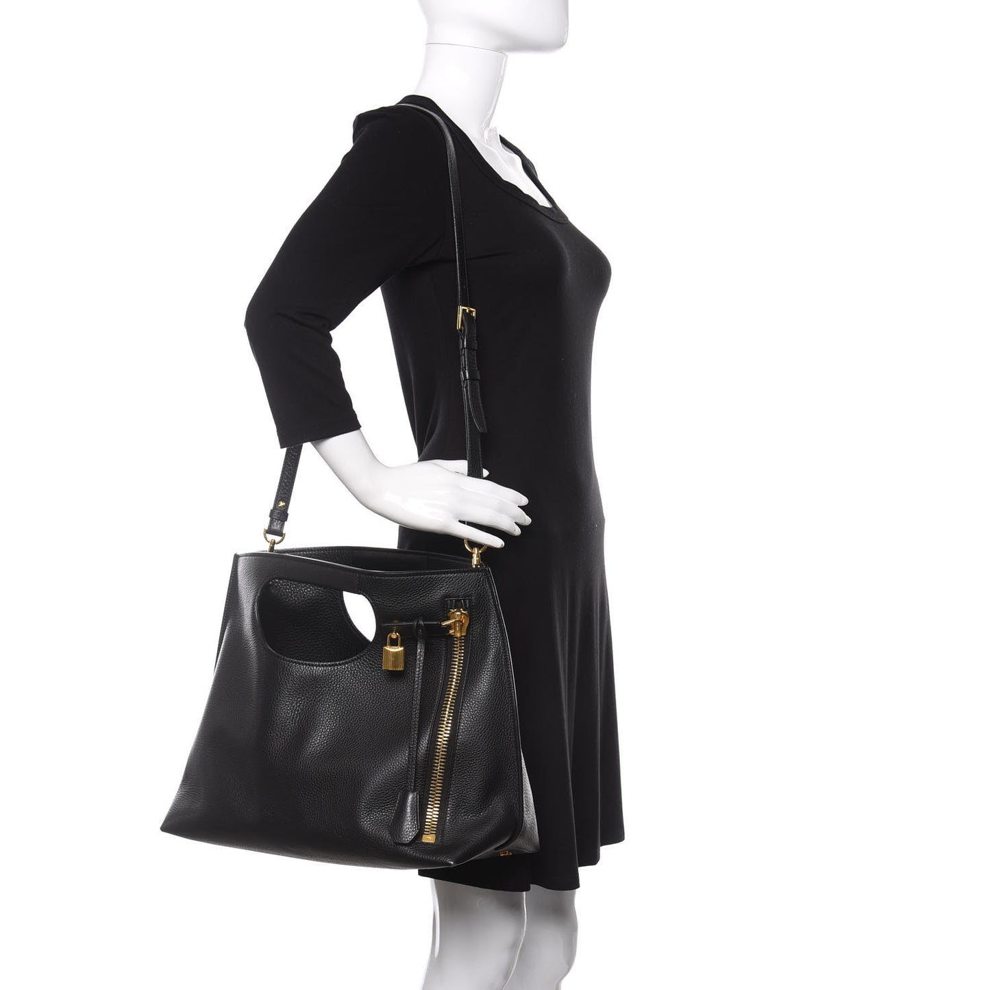 Calfskin Large Alix Padlock Zip Shoulder Bag Black