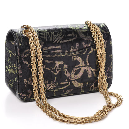 Chanel Calfskin Crocodile Embossed Graffiti 2.55 Mini Cocodile Reissue Flap Black Pink 3 of 12
