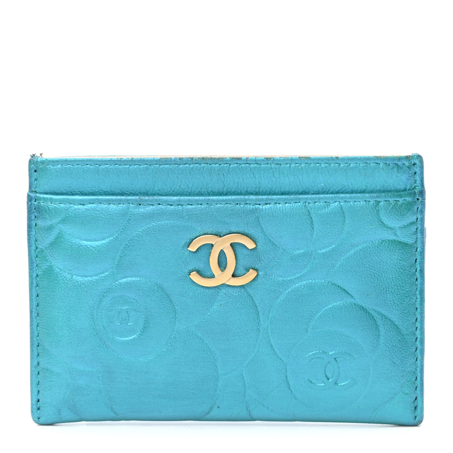 Metallic Lambskin Camellia Embossed Card Holder Turquoise