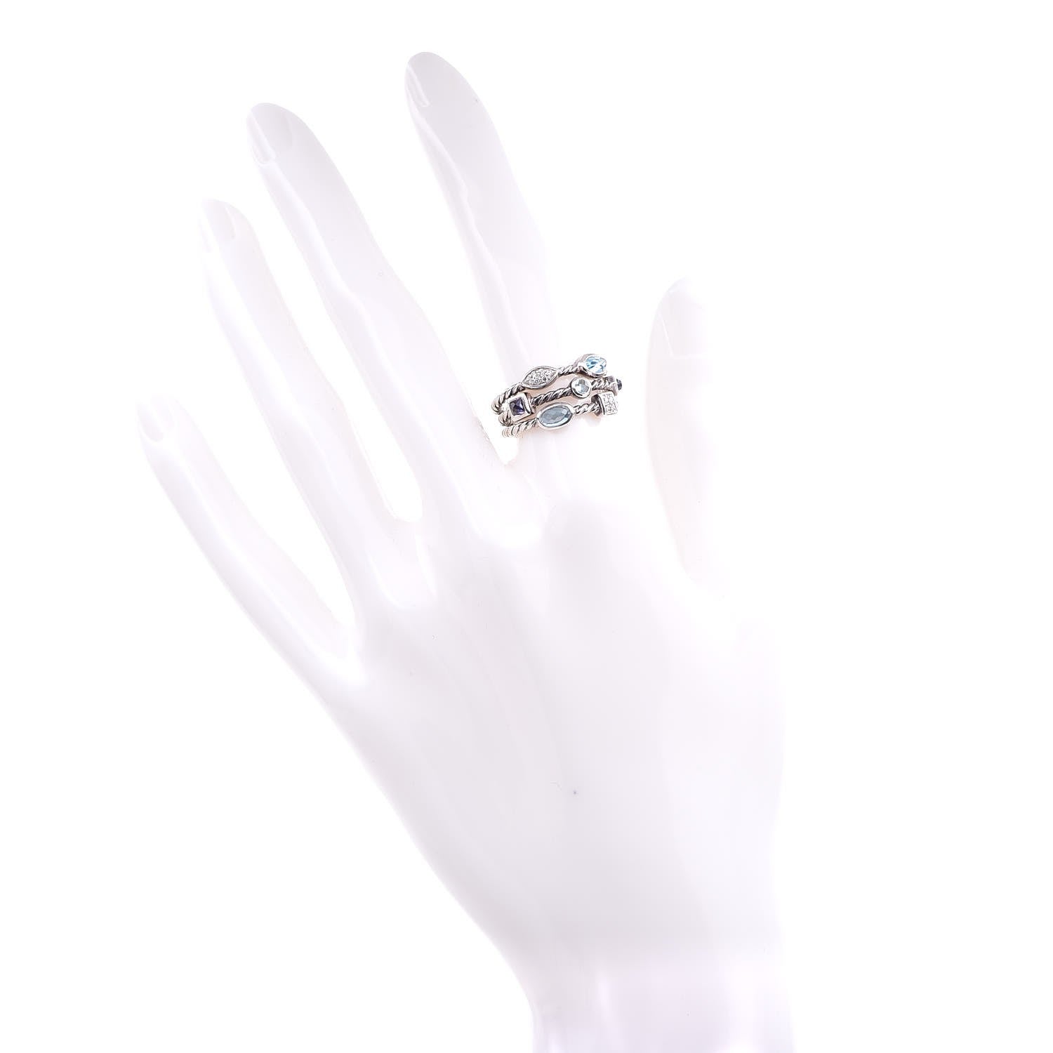 David Yurman Sterling Silver Diamond Iolite Topaz Confetti 3 Row Ring 52 6 2 of 5