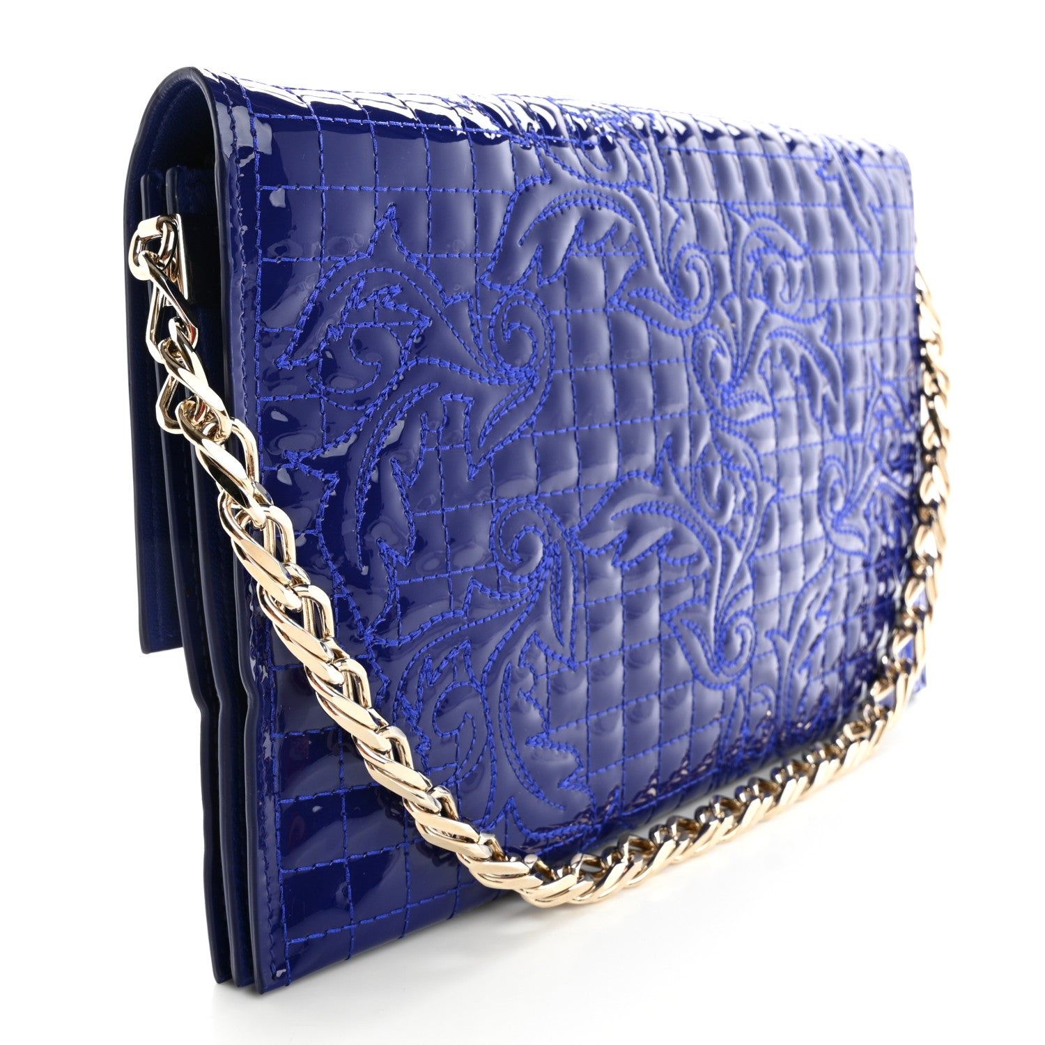 VERSACE ネイビーパーティーバッグ Versace Patent Barocco Quilted Vanitas Chain Pouch Poison Blue