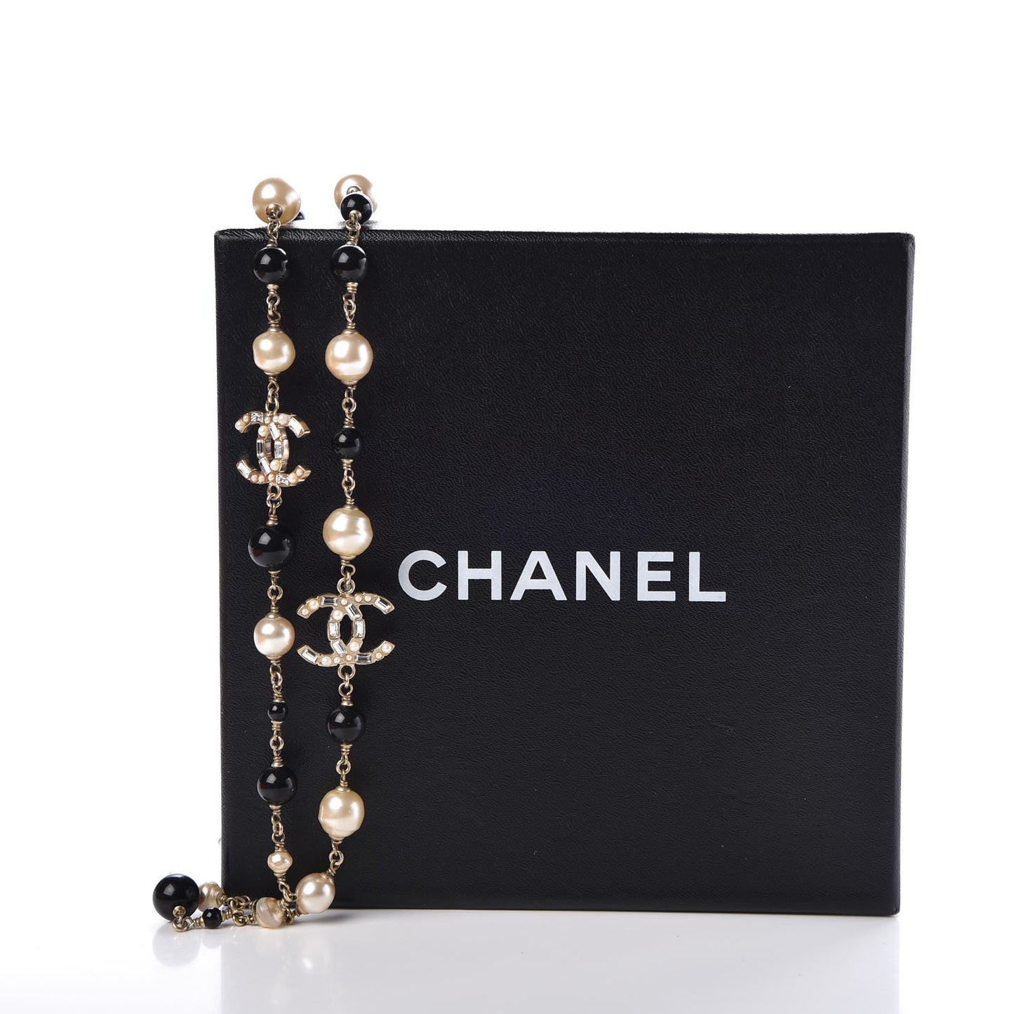 Pearl Crystal Baguette Beaded CC Long Necklace Black Gold