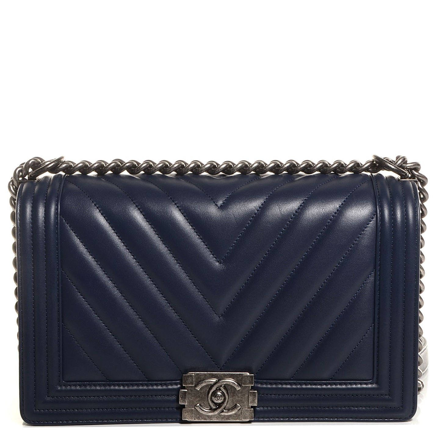 Lambskin Chevron Quilted New Medium Boy Flap Dark Navy Blue