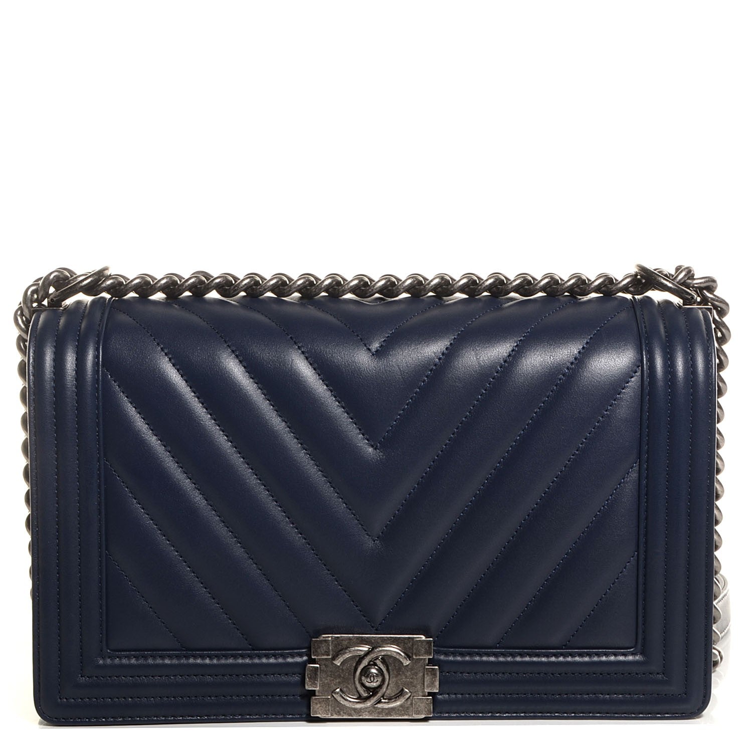 Chanel Lambskin Chevron Quilted New Medium Boy Flap Dark Navy Blue 1 of 9