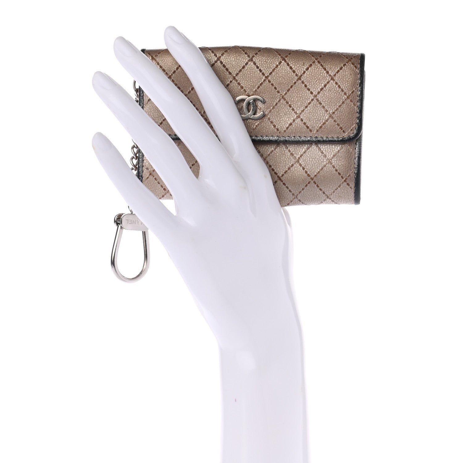 Chanel Metallic Calfskin Diamond Stitched Key Holder Case Gold Silver 2 of 9