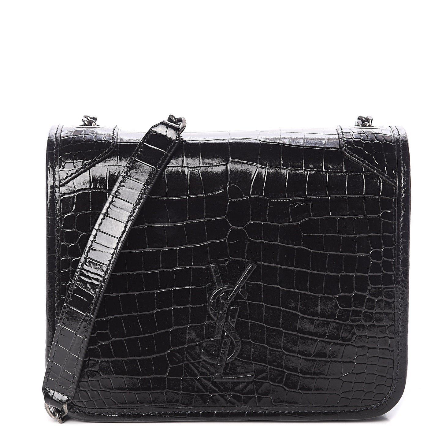 Crocodile Embossed Lambskin Matelasse Monogram Niki Chain Wallet Black
