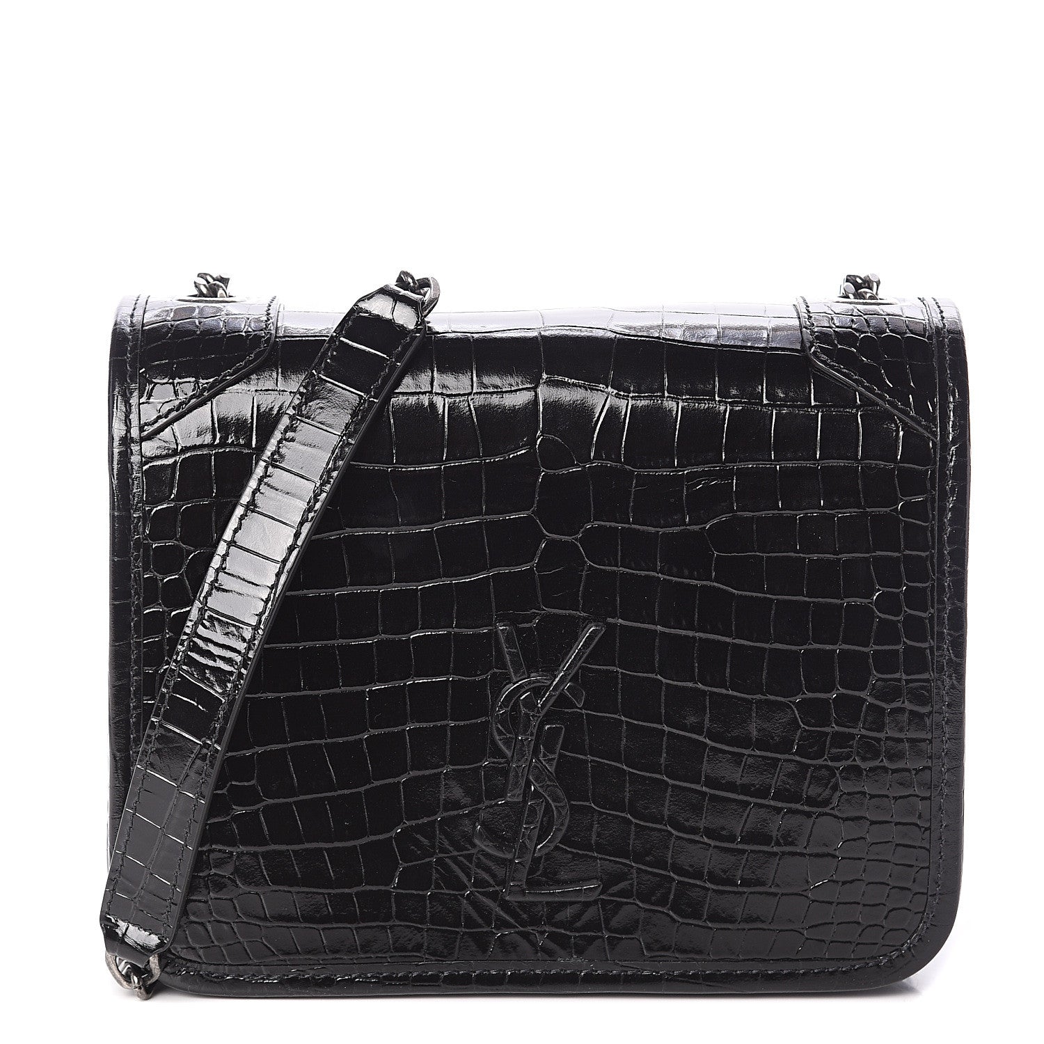 Saint Laurent Crocodile Embossed Lambskin Matelasse Monogram Niki Chain Wallet Black 1 of 7