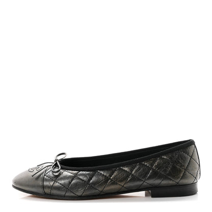 Chanel Metallic Aged Calfskin Quilted CC Cap Toe Ballerina Flats 38.5 Dark Silver 1 of 9