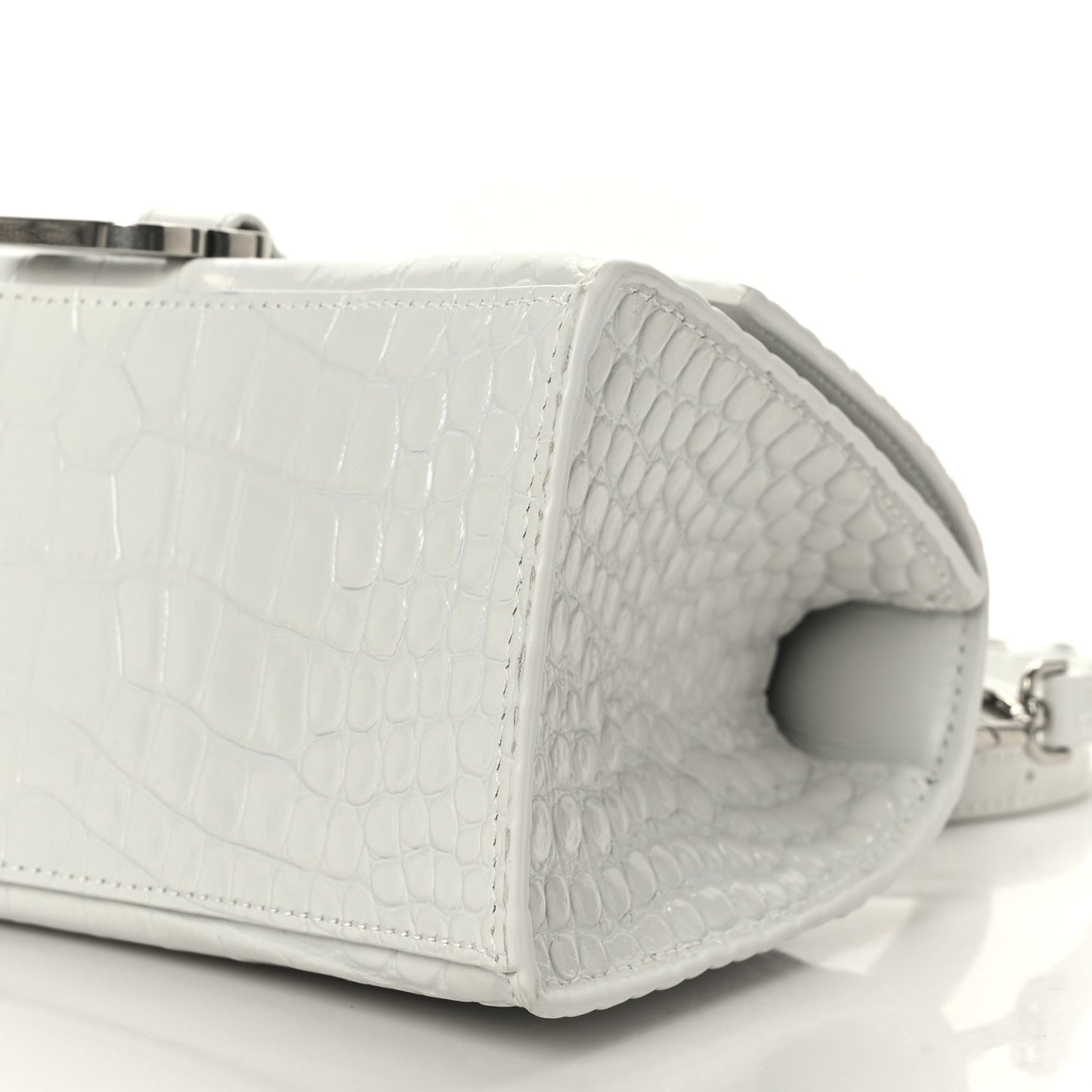 Calfskin Crocodile Embossed Small Hourglass Top Handle Bag White
