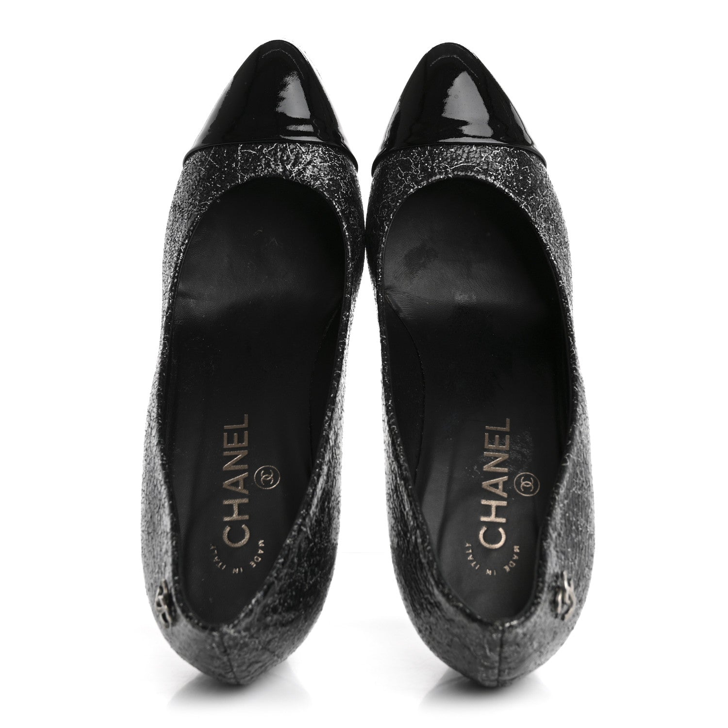 Chanel Metallic Crackled Calfskin Patent Cap Toe Pumps 41 Silver Black 2 of 10