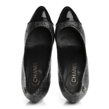 Chanel Metallic Crackled Calfskin Patent Cap Toe Pumps 41 Silver Black 2 of 10