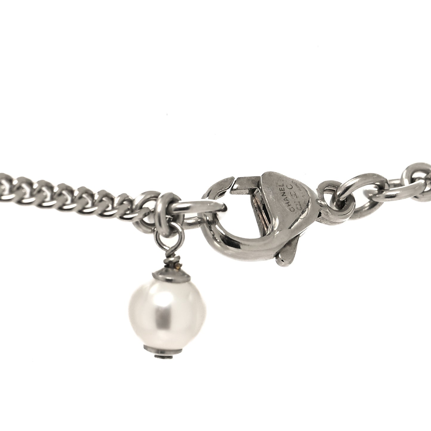 Crystal Pearl CC Pendant Necklace Silver