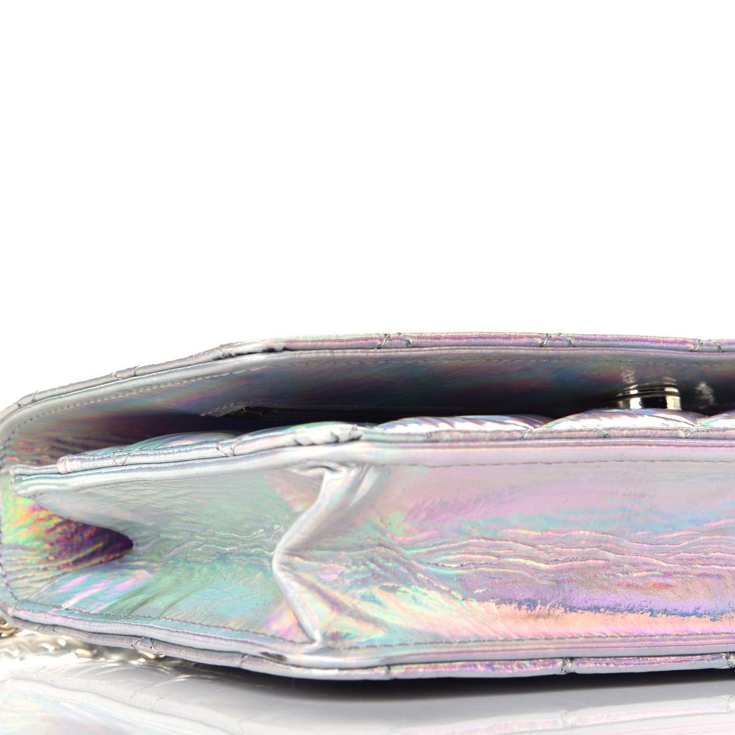 Iridescent Goatskin Quilted Wallet On Chain WOC Silver