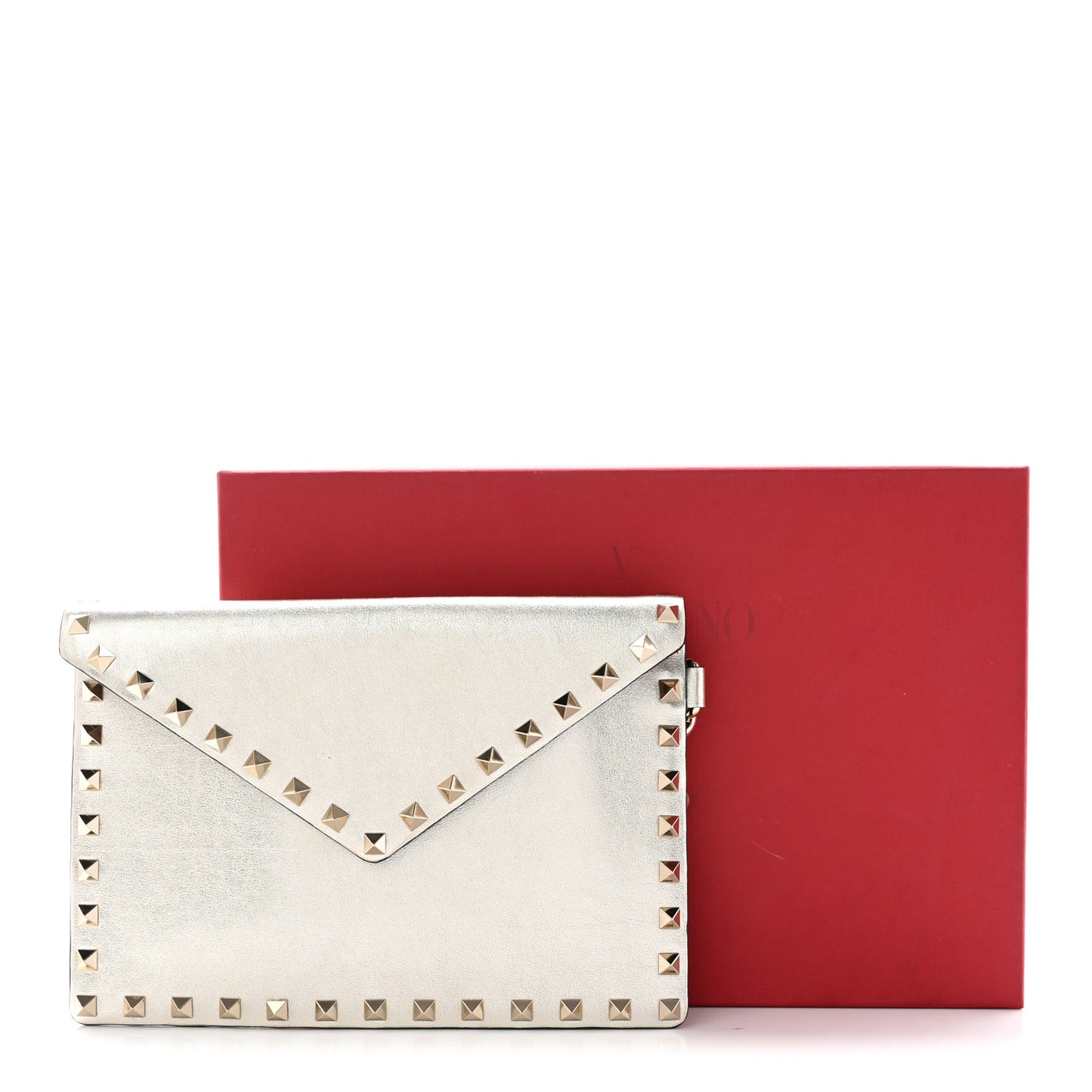 Metallic Calfskin Medium Rockstud Envelope Flat Wristlet Pouch Sahara