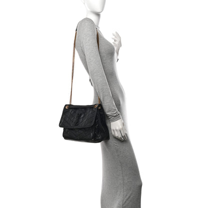 Saint Laurent Crinkled Calfskin Matelasse Monogram Medium Niki Chain Satchel Black 2 of 12