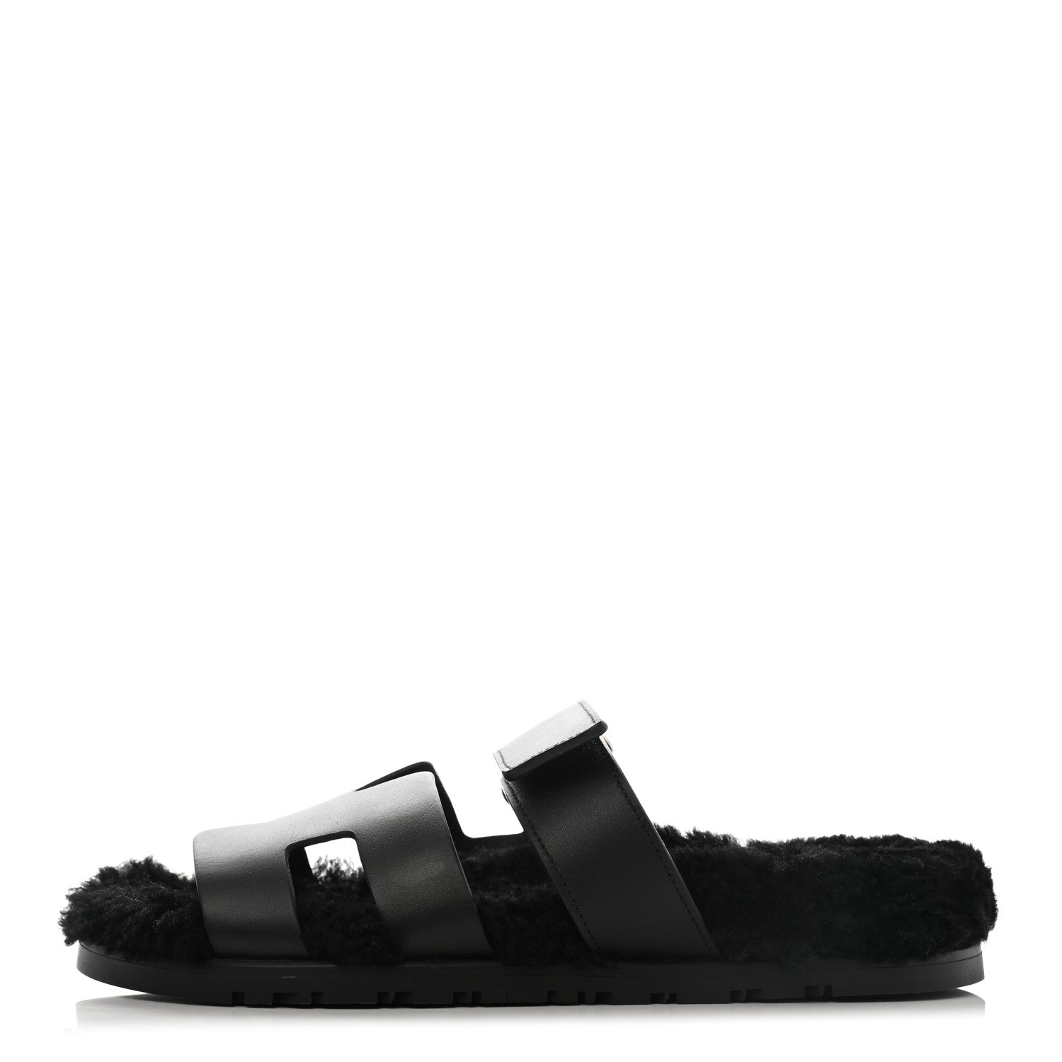 Hermes Calfskin Woolskin Womens Chypre Sandals 38.5 Black 1 of 8