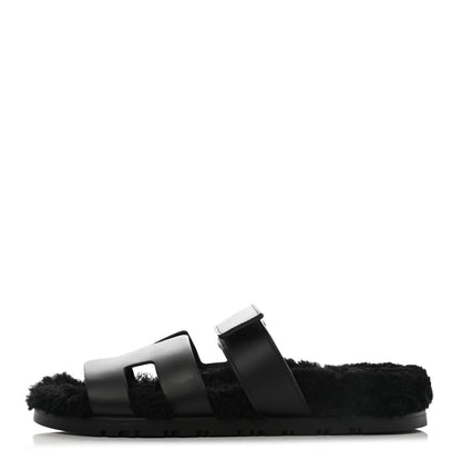 Hermes Calfskin Woolskin Womens Chypre Sandals 38.5 Black 1 of 8