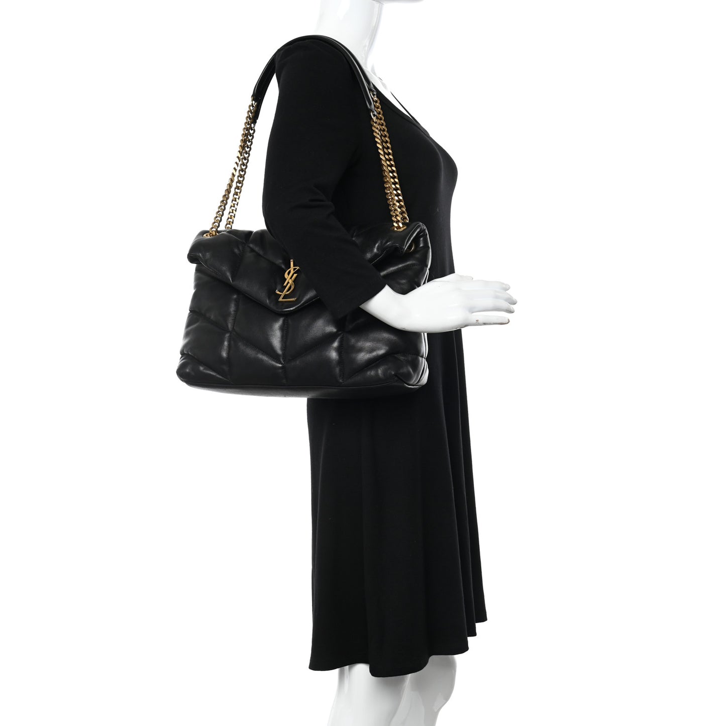Lambskin Quilted Medium Loulou Puffer Monogram Chain Satchel Black